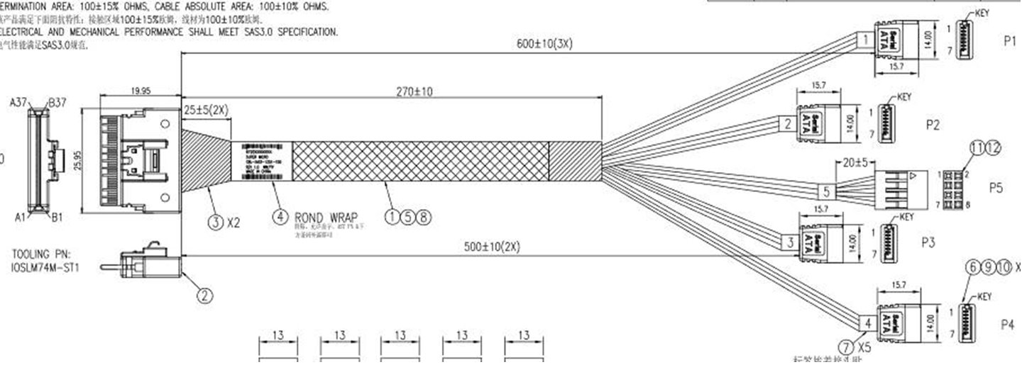 SFF-8654-8i (SlimSAS ×8) rovný -> 4×SATA rovný - 60/50/50/60cm, 100ohm kabel (SATA/SAS)